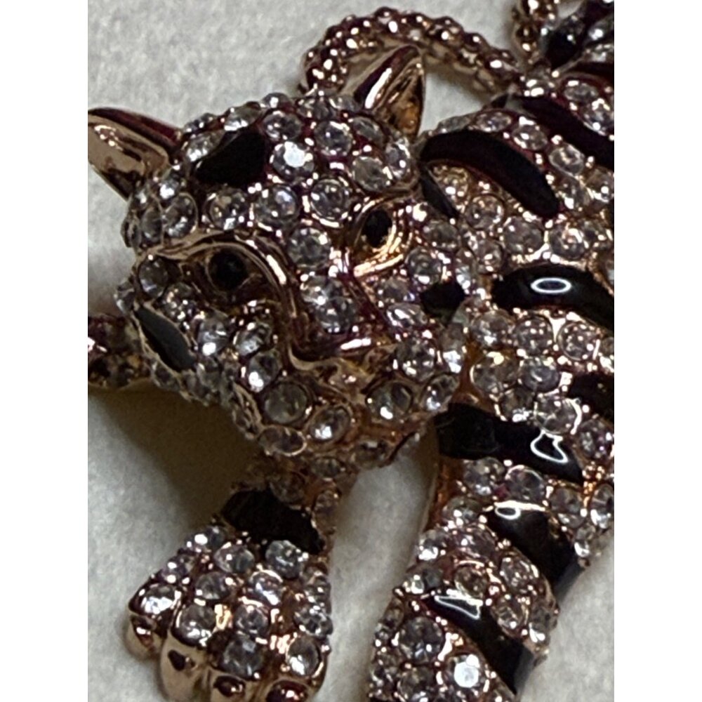 Rhinestone & Black Enamel Tiger Pendant Necklace Rose Tone Chain
